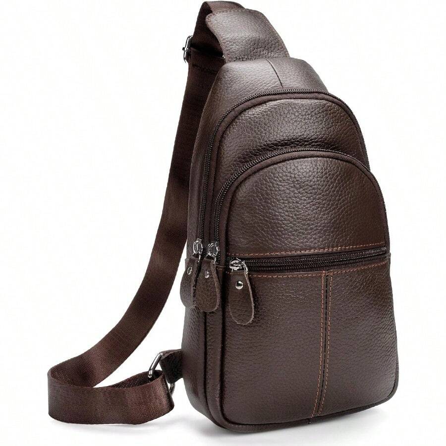 Genuine Leather Sling Crossbody BagFashion Chest Casual Shoulder Bag For Men Women Work Travel Cycling HB024 - 棕色 - 查看 1