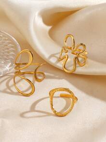 3pcs/Set Stainless Steel Minimalist 18K Gold Plated Geometric Line & Flower Design Rings Set, Suitable For Women's Daily Wear - Multicolor - View 5