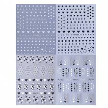 4 Sheets 3D Valentine's Day Minimalist Black & White Heart Star Nail Art Stickers -Black/White Hearts, Stars, Polka Dots, Striped Lines & Intricate Heart Design Nail Art Decals For Women DIY Nail Decoration - Black and White - View 2
