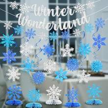 Ouddy Life 36 Pcs Winter Wonderland Christmas Decorations Hanging Snowflake Swirls Ceiling Streamers Glitter Paper Spiral Snowflakes Ornaments Banners Honeycomb For Xmas Frozen Party Birthday Decor - 銀藍 - 查看 2
