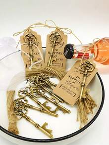 80个金色钥匙开瓶器，婚礼派对用品套装，优雅开瓶器套装，带标签卡、麻绳和欧根纱袋，适合作为婚礼回礼、生日派对、婚礼纪念品。 - 彩色 - 查看 6