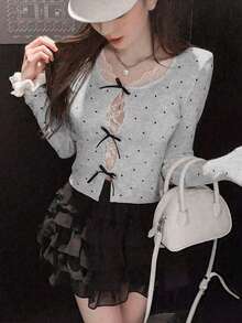 女士休闲圆领蕾丝拼布波点针织毛衣，带蝴蝶结，可爱性感长袖套头衫，秋冬 - 灰色 - 查看 5