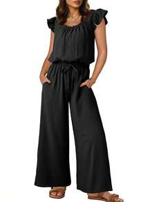 Womens Summer Loose Spaghetti Strap Short Jumpsuit Rompers - Negro - Ver 4