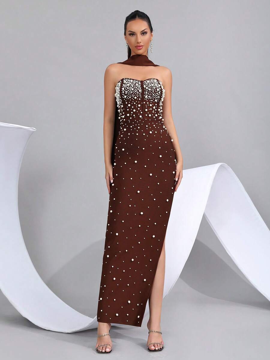Beaded Decor Strapless High Slit Bandage Bridesmaid Dress, Holiday Party Bandage Dress - Coffee Brown - View 1