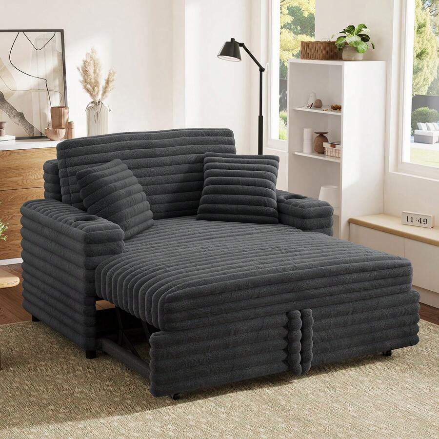 Gray Plush Corduroy Upholstered Couch 3-In-1 Convertible Pull-Out Sofa Bed Sleeper Loveseat With Reclining Backrest, Built-In Cup Holders For Small Space - Dark Grey - View 1