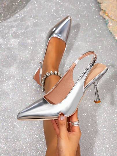 Giày cao gót nữ, mẫu mới Xuân/Thu 2025, mũi nhọn, kiểu dáng slip-on, gót nhọn mảnh, gót vuông nhỏ, màu bạc, giày nữ cỡ lớn thanh lịch.