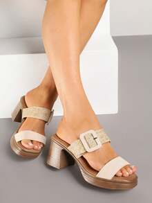 Women's Soft Texture Buckle Detail Platform Sandals - Casual Summer - Beige - View 4