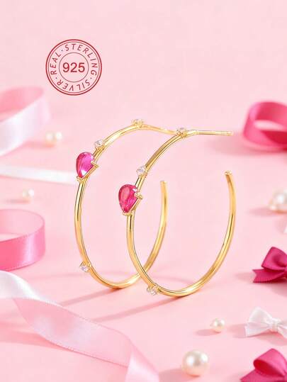 Artepollo Pendientes de aro delgados de plata de ley 925 para mujeres, aros redondos chapados en oro de 14K con piedras de circonita rosa, hipoalergénicos, resistentes a la decoloración, ligeros, joyería diaria, empaquetado en caja de regalo, regalo para vacaciones y fiestas