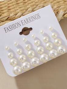 12 Pairs/Set Classic Minimalist Pearl Stud Earrings, Women's Jewelry, Summer Jewelry, Suitable For Daily Wear - Beige - View 4
