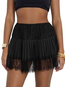 Women's Lace Mini Skirts Casual Low Rise Loose Fit Pleated A-Line Skirts Half Slip Skirt Lace Trim Fairy Mesh Flowy Short Skirts Underskirt Casual Summer Beach Vacation Clothes Outfit Streetwear - 黑色 - 查看 6