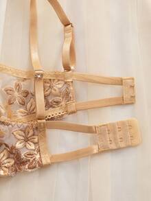 性感内衣套装，薄纱文胸和丁字裤组合，刺绣女士性感套装 - 卡其色 - 查看 5