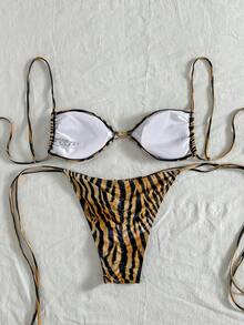 女士性感豹纹系带露背比基尼套装，适合春夏海滩、复活节、圣帕特里克节、外出、毕业典礼、优雅度假等场合。 - 彩色 - 查看 4