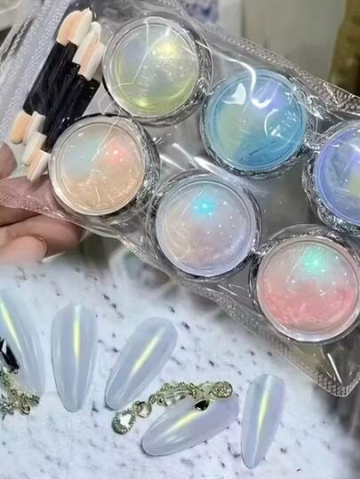 Set de 6 piezas de Polvo de Uñas Aurora - Efecto Espejo de Brillo Perlado Cromado Multicolor, Adecuado para Arte de Uñas, Decoración de Uñas, Redondo, Multicolor, Suministros de Uñas, Polvo de Uñas, Herramientas de Técnico de Uñas, Accesorios de Uñas, Brillo de Uñas, Decoración de Uñas