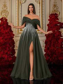 Ein königsblauer Farbverlauf Pailletten Stickerei Off-Shoulder Tüll Maxirock Luxus Abendkleid - Grün - Übersicht 5