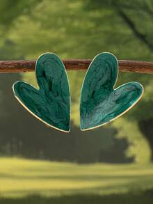 1 Pair Fashionable Heart-Shaped Metal Earrings, Valentine's Day Jewelry - Dark Green - View 8