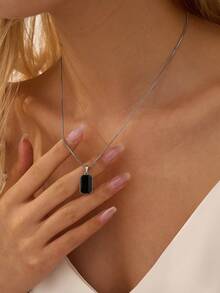 Nooxian 1pc Fashionable Geometric Element Long Black Pendant Necklace For Women - Silver - View 8