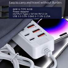 WOWSSYO 12合1 66W快充站,6个USB接口+6个Type-C PD快充接口电源集线器,快充Type-C多功能插头/多输出插座,USB集线器,USB适配器,USB-C集线器,USB集线器/多端口集线器,兼容笔记本电脑、手机、平板电脑、游戏机和其他设备 - 白色 - 查看 4