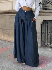 2026春夏新款女士纯色休闲优雅返校、约会、褶皱阔腿裤，适合情人节、春节、女士长裤、阔腿裤、女士休闲裤、女士办公服、春季服装、职业装、优雅女士服装、节日女士服装、夜店装、女士春季服装、女士度假服装、夏季度假服装、女士生日装 - 藏蓝色 - 查看 3