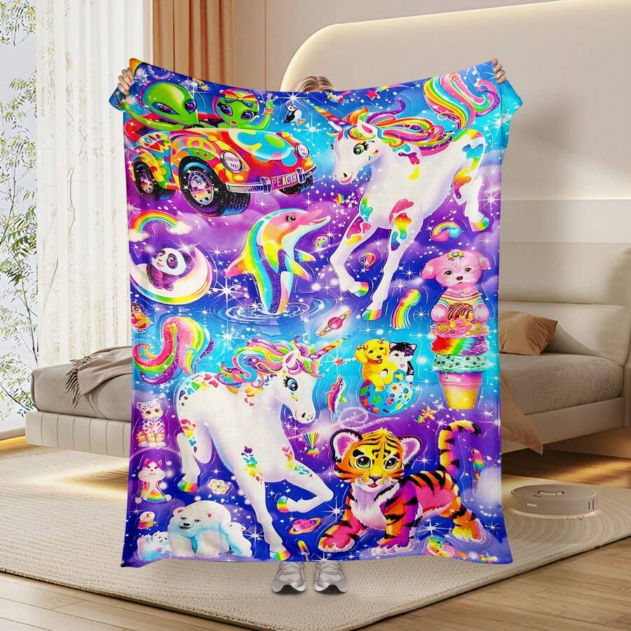 1pc Whimsical Unicorn & Cheetah Print,Colorful And Cute Animals Fleece Blanket - Soft, Lightweight & Durable Flannel Throw With Vibrant Rainbow Colors, 280gsm For Him And Her, Perfect For Naps, Camping, Travel, Home, Daily, Office Decoration, Birthdays Anniversary, Valentine's Day, Thanksgiving Day, Christmas, Halloween, Mother's Day, Father's Day, Wedding, New Year Gifts, Personalized Ideal Gifts For Her, Him, Family, Boyfriend, Girlfriend, Father, Family, Mother, Lover, Daughter, Son, Grandpa, Grandma, Friend, Classmate, Pet. Sofa,Bed,Car,Bedroom,Living Room,Office,  Outdoor Camping, Beach,Wall Decoration - Nhiều màu 7 - Xem 1