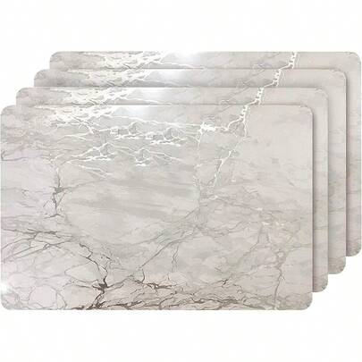 Dining Table Placemats Set Of 4 - Kitchen Mat Table Decor Washable Heat Resistant Non Slip Marble Rectangle 12 X 18 In Silver