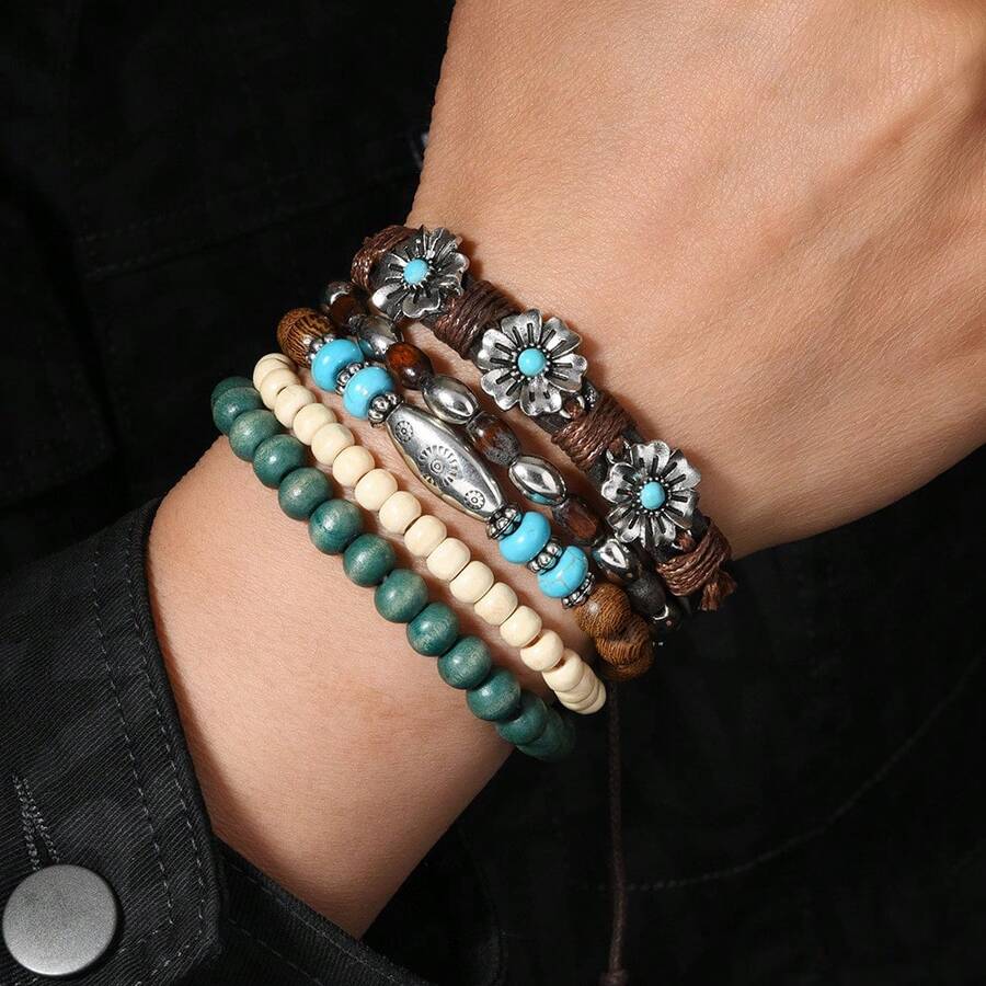 Bohemian Style Wooden Bead Elastic Bracelet, Multi-Layered Flower Turquoise Bracelet, 5-Piece Fashion Bracelet Set. - 5-piece Set - View 1