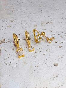 4pcs Floral Square Zirconia Pendant Earrings, Stackable, Suitable For Women; 14K Gold Plated Luxury Horse Eye Zirconia Stud Earrings, Suitable For Cartilage, Earlobe, Helix And Multiple Ear Piercings, Fashionable And Eye-Catching Earring Styles. - Gold-11# - View 2