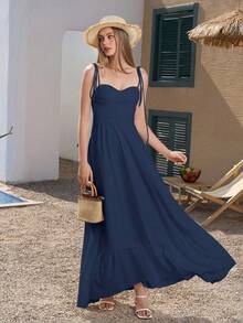 PARTHEA Backless Smocking Bodycon Ruched Cami Long Dress Summer Elegant - Navy Blue - View 5
