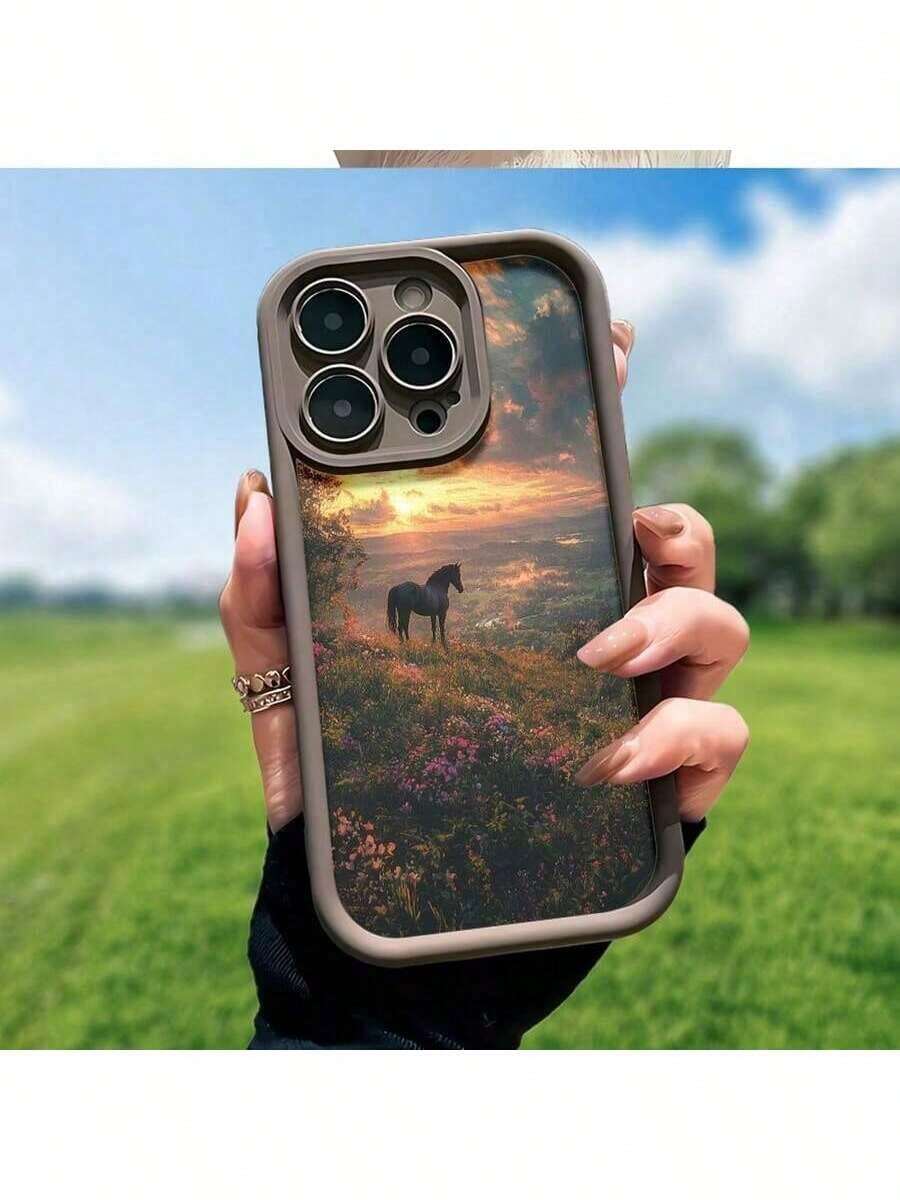Funda de teléfono con tema de caballo majestuoso y arte de paisaje hermoso, compatible con modelos 17, 16, 15, 14, 13, 12 y 11 Pro, hecha de material protector de TPU, regalo perfecto para amantes de la naturaleza, entusiastas de los animales y ocasiones especiales. - Marrón - Ver 1