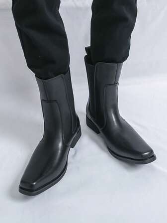 男士粗跟中筒切尔西靴，侧拉链松紧踝部设计，防滑耐穿休闲商务靴