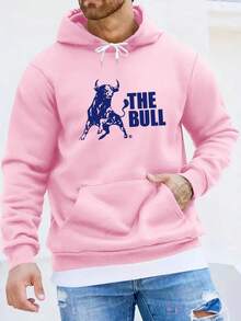 Sudadera con Capucha Casual para Hombre con Patrón de Toro - Tejido de Punto% Poliéster, Diseño de Ajuste Regular, Ligeramente Elástica, Color Sólido con Gráfico Audaz, Estilo Pullover - Ropa Casual - Negro - Ver 9