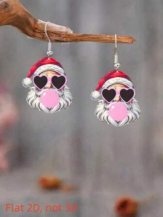 一对2D圣诞老人吊坠耳环，心形眼镜和泡泡机设计，双面亚克力平面印刷，可爱圣诞卡通轻盈耳环，低过敏性，是万圣节、感恩节、圣诞节送给女孩和女士的完美礼物，也是任何场合的可爱时尚配饰。