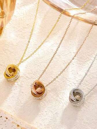 1pc Titanium Steel Full Diamond Double Circle Necklace, Minimalist Super Shiny Two-Layer Diamond Pendant Necklace, Suitable For Women's Daily Wear