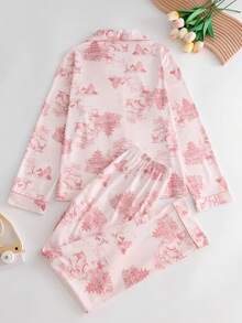 2pcs Plus Size Women Elegant Sleepwear Set With Ink Painting Design - Comfortable Long Sleeve Button-Up Top And Relaxed Pants, Spring/Summer/Autumn Loungewear - Baby Pink - View 2