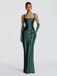 Elegant Satin Cinching Waist Lace Up Bodycon Slip Dress, Long Gown For Halloween Party, Cocktail Party, Christmas Party, Valentine's Day - Dark Green - View 6