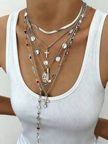 Bộ 4-7 đồng xu kim loại thời trang thanh lịch cổ điển, chân dung đính đá, ngọc trai giả, mặt dây chuyền hình thánh giá, tua rua dài, vòng cổ choker nhiều lớp Y2K cá nhân hóa, dây chuyền áo len, thích hợp cho phụ nữ mặc vào dịp lễ thu/đông, tiệc tùng, hẹn hò, trang phục hàng ngày, giáng sinh, quà tặng năm mới - Bạc - Xem 18