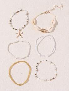 Pulsera de 7 piezas con estilo bohemio, hecha a mano con cuentas, estrellas de mar y conchas, perfecta para decoración vacacional o casual - Unitalla - Ver 3