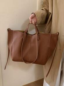 BEIKAMU 时尚纯色 PU 大容量手提包，双提手女士手提包单肩包，适合大学、通勤、购物、度假、散步、日常使用 - 棕色 - 查看 6