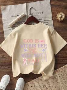 Tween Girl Butterfly & Letter Print Round Neck Short Sleeve T-Shirt, Summer Tops - Apricot - View 2