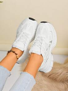 Women's White Casual Sneakers, Thick Sole Chunky Sneakers, Mesh Breathable, Printed Lace-Up, Petite Height Increase, Suitable For Daily Casual Wear, Travel, Shopping, Fashion Versatile
