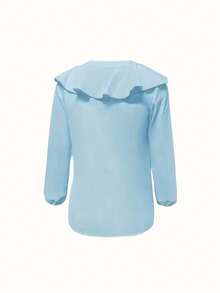 Plus Women's Solid Color Ruffled V-Neck Elegant Long Sleeved Shirt - Baby Blue - View 4