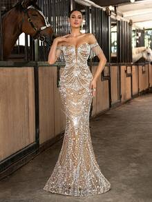 惊艳的无袖露肩正式礼服，饰以珠子、亮片和流苏细节，美人鱼长款礼服，适合春季婚礼派对 - 香檳色 - 查看 6