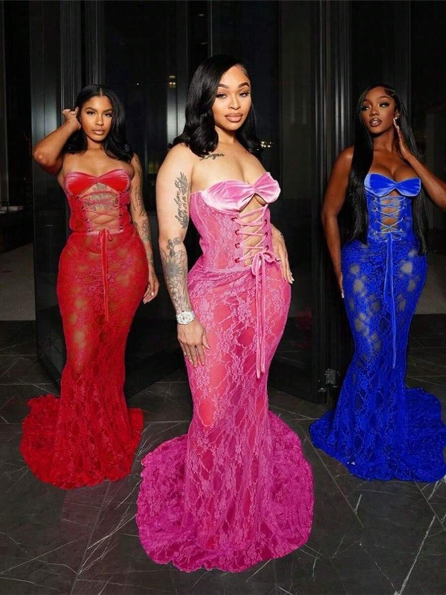 European And American 2025 Winter New Women's Clothing Sexy Hot Girl Breast Strap Lace See-Through Stitching Wrap Hip Sexy Long Skirt - 紅色 - 查看 1