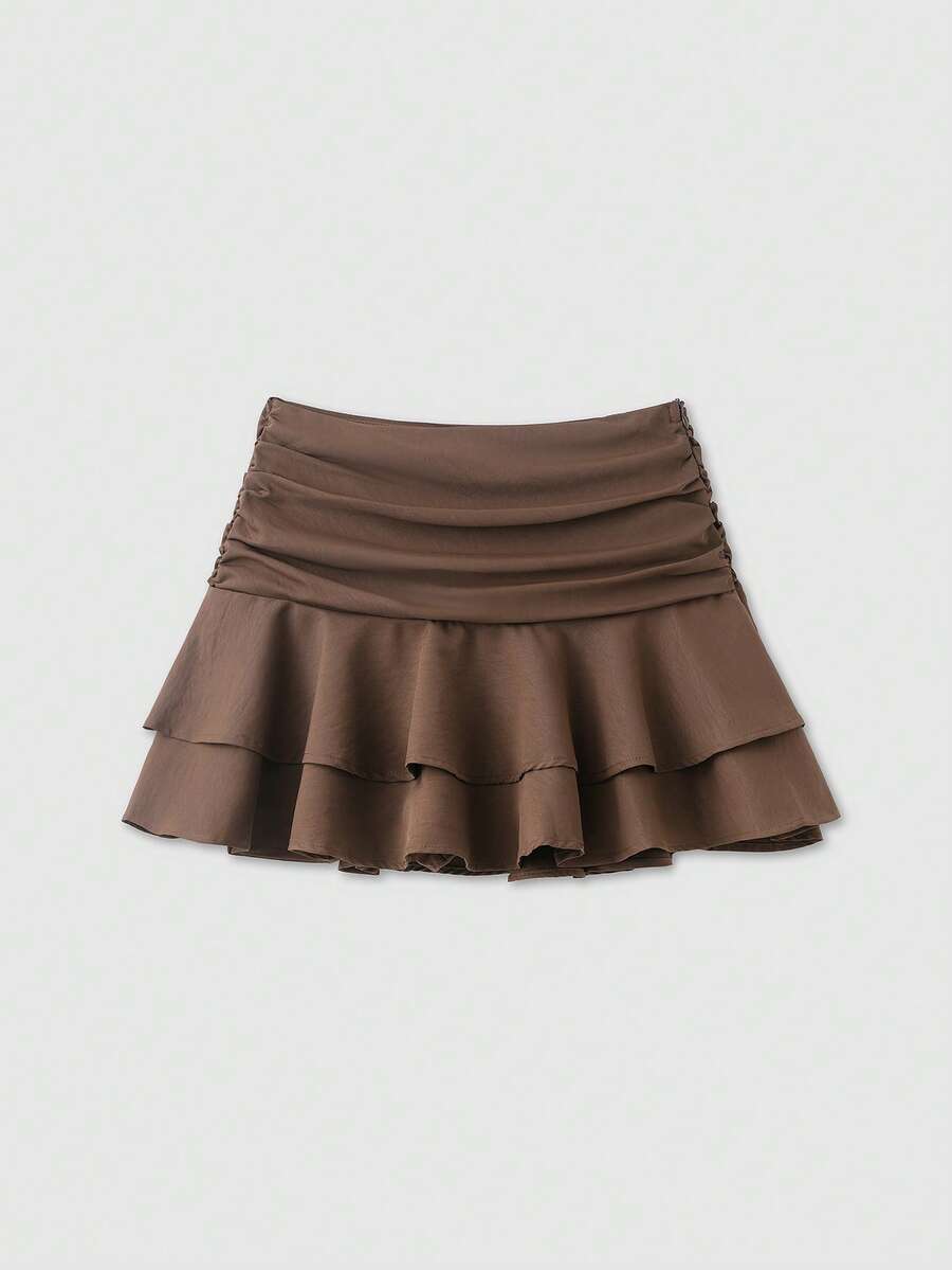 Women's Casual Solid Color Drawstring Pleated Layered Mid-Waist Skorts