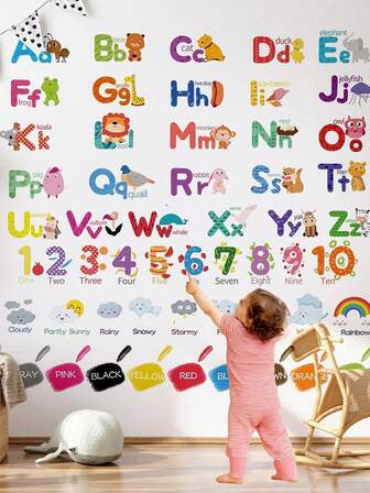 1 set Pegatinas y calcomanías de letras y números de colores para decoración de habitación de niños, salón de clases, cuarto de juegos, dormitorio, guardería y habitación de bebé. Decoración educativa removible y reutilizable para niños y niñas.