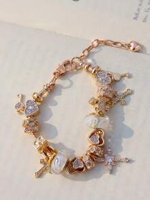 1条时尚漩涡吊坠手链，1条十字架钥匙DIY手链，1条经典锁头钥匙手链，1条十字架爱心手链 - 金色 - 查看 4