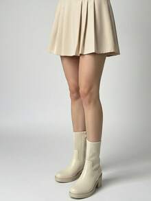 Fashionable Elastic Knit Patchwork Chunky Heeled Ankle Boots - Beige - View 1