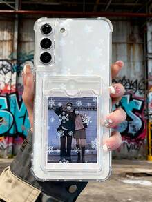 1 pieza Funda protectora, funda transparente para celular, con ranura para tarjeta, carcasa de TPU silicona anticaída "Carcasa con diseño de copos de nieve sobre fondo claro, estilo minimalista y elegante, ideal para mujeres, diseño ligero y resistente, regalo perfecto para Navidad" Compatible con Galaxy A21/A24/A25/A32/A34/A35/A54/A55, Galaxy S25/S24/S23/S22/S21 Ultra/Plus, Compatible con iPhone16/15/14/13/12/11/XS/XR/X/PLUS/PRO/PROMAX, agarre cómodo, regalo festivo para amigos, novia, novio, familia - transparente - Ver 3