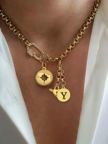 This STYLEVER Single Gold Letter Octagonal Star Necklace, Paired With A Heart-Shaped Chain And Stainless Steel Chain, Is Suitable For Work, Daily Life, Parties, Banquets And Balls. It Is A Unique And Luxurious Women's Necklace. - Yellow Gold - View 25
