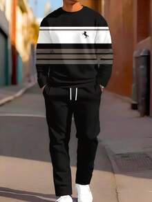 男士条纹字母数字印花圆领运动服套装（2件套），印花休闲卫衣和裤子，适合户外运动。 - 黑色 - 查看 1