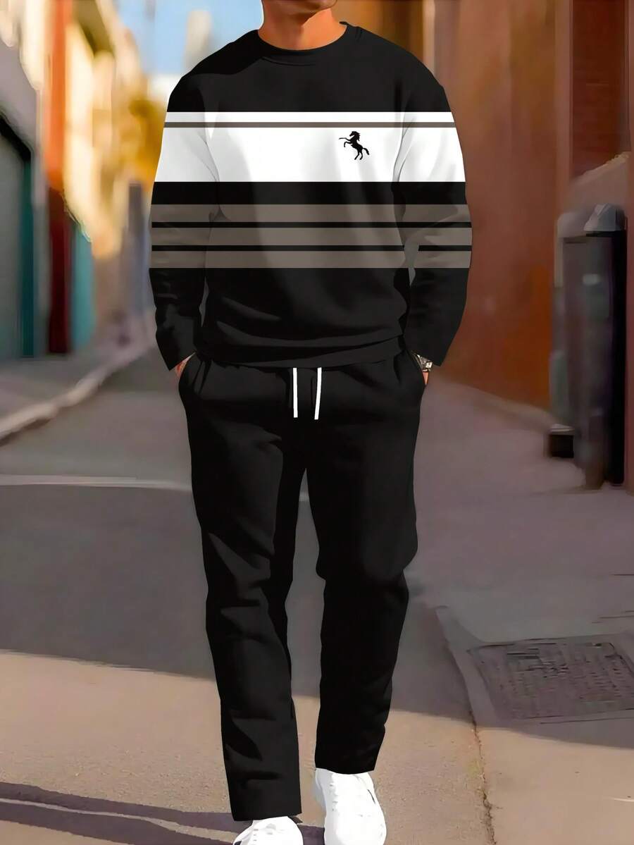 男士条纹字母数字印花圆领运动服套装（2件套），印花休闲卫衣和裤子，适合户外运动。 - 黑色 - 查看 1